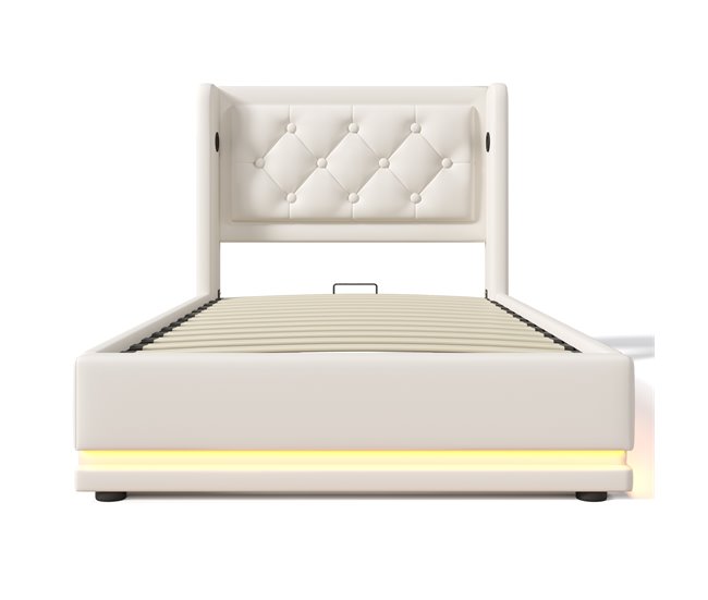 Conforama Cama canapé acolchada de 90 x 200 cm en símil piel - con función de carga y LED a los pies de la cama - Blanco