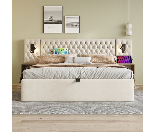 Conforama Cama Canapé De Terciopelo 180x200 Cm - 2 Mesitas De Noche + 2 Luces De Lectura Con Toma USB - Beige (colchón No Incluido)