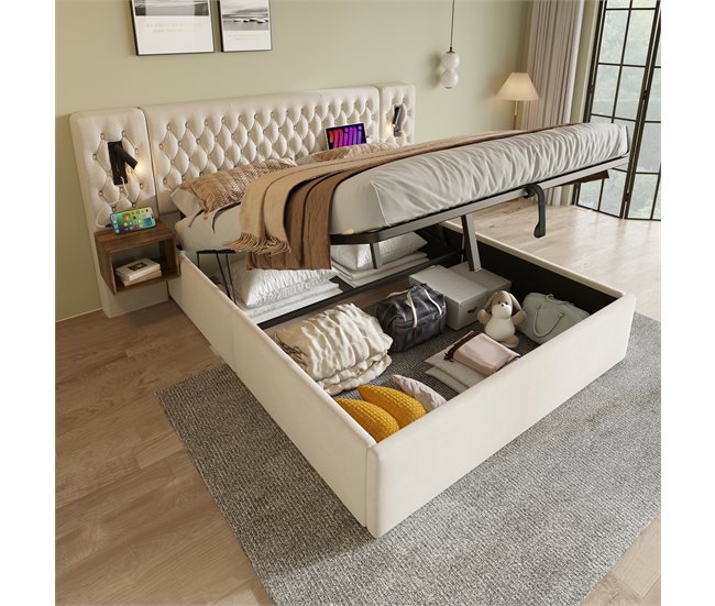 Conforama Cama Canapé De Terciopelo 180x200 Cm - 2 Mesitas De Noche + 2 Luces De Lectura Con Toma USB - Beige (colchón No Incluido)