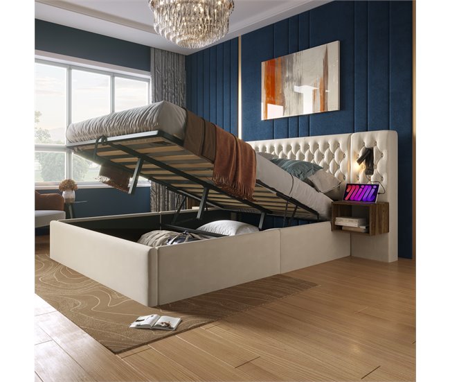 Conforama Cama Canapé De Terciopelo 180x200 Cm - 2 Mesitas De Noche + 2 Luces De Lectura Con Toma USB - Beige (colchón No Incluido)