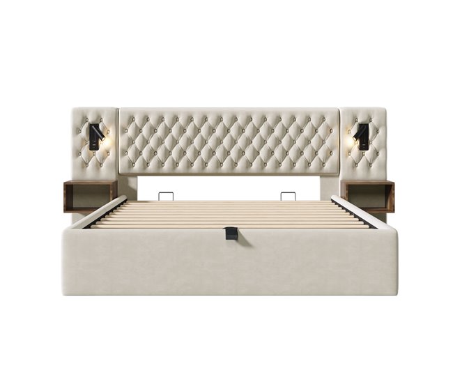 Conforama Cama canapé de terciopelo 180x200 cm - 2 mesitas de noche + 2 luces de lectura con toma USB - Beige (colchón no incluido)
