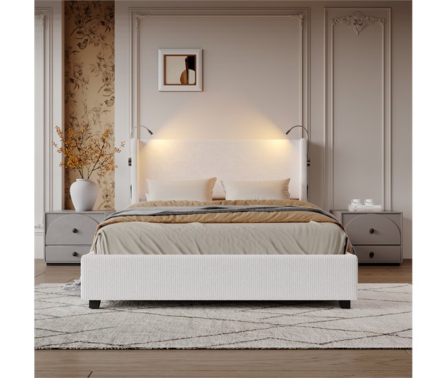 Conforama Cama Capitoné 140x200 Cm Con Lámpara De Lectura Arcón De Almacenamiento Y Somier De Lamas En Terciopelo Beige