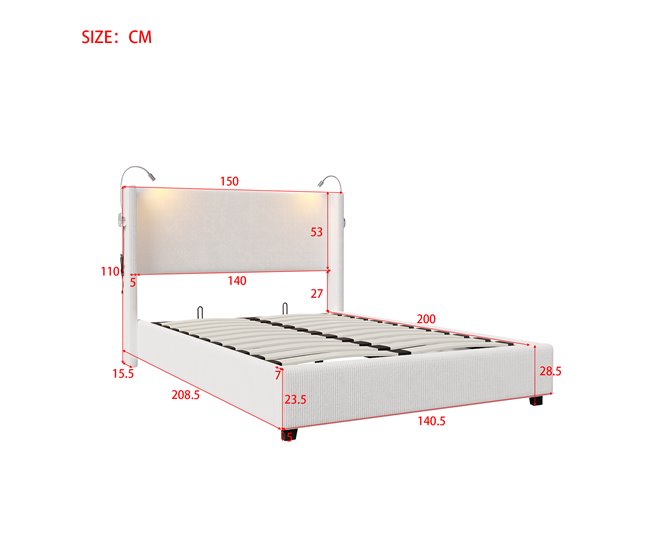 Conforama Cama Capitoné 140x200 Cm Con Lámpara De Lectura Arcón De Almacenamiento Y Somier De Lamas En Terciopelo Beige