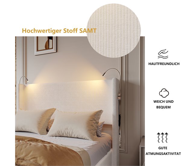 Conforama Cama Capitoné 140x200 Cm Con Lámpara De Lectura Arcón De Almacenamiento Y Somier De Lamas En Terciopelo Beige