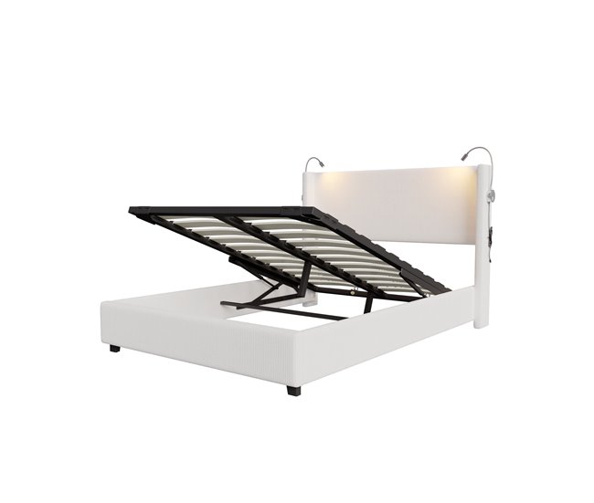 Conforama Cama capitoné 140x200 cm con lámpara de lectura arcón de almacenamiento y somier de lamas en terciopelo beige