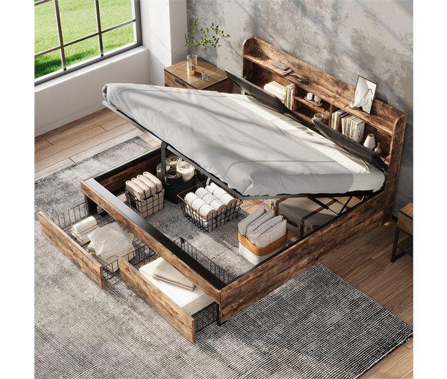 Conforama Cama Con Almacenaje 140x200cm - Con Cabecero Con Almacenaje Y Somier De Láminas De Metal - Natural Oscuro Y Negro