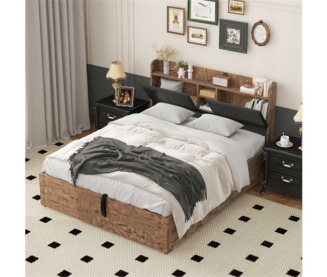 Conforama Cama Con Almacenaje 140x200cm - Con Cabecero Con Almacenaje Y Somier De Láminas De Metal - Natural Oscuro Y Negro