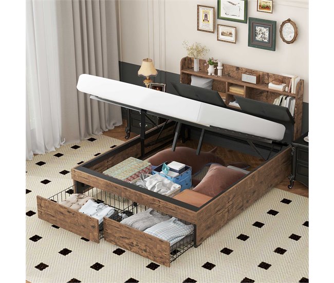 Conforama Cama Con Almacenaje 140x200cm - Con Cabecero Con Almacenaje Y Somier De Láminas De Metal - Natural Oscuro Y Negro