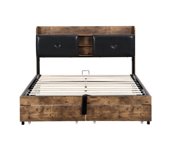 Conforama Cama con almacenaje 140x200cm - con cabecero con almacenaje y somier de láminas de metal - Natural oscuro y negro