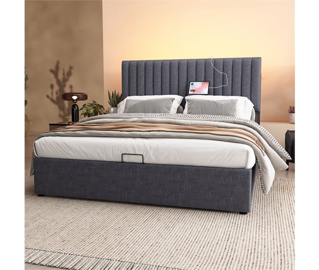 Conforama Cama Con Almacenaje Acolchada De Lino Con Puertos De Carga Y LED - 140x200 Cm - 3 Compartimentos En El Cabecero Ajustable - Gris