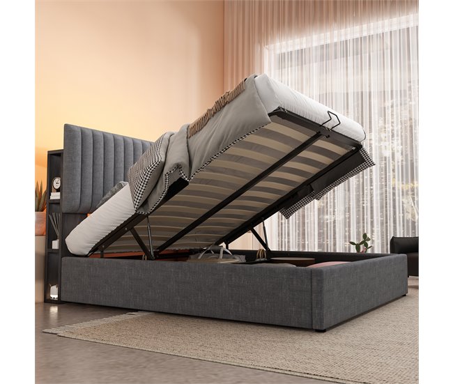 Conforama Cama Con Almacenaje Acolchada De Lino Con Puertos De Carga Y LED - 140x200 Cm - 3 Compartimentos En El Cabecero Ajustable - Gris