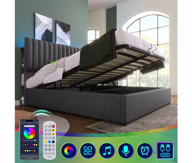 Conforama Cama Con Almacenaje Acolchada De Lino Con Puertos De Carga Y LED - 140x200 Cm - 3 Compartimentos En El Cabecero Ajustable - Gris