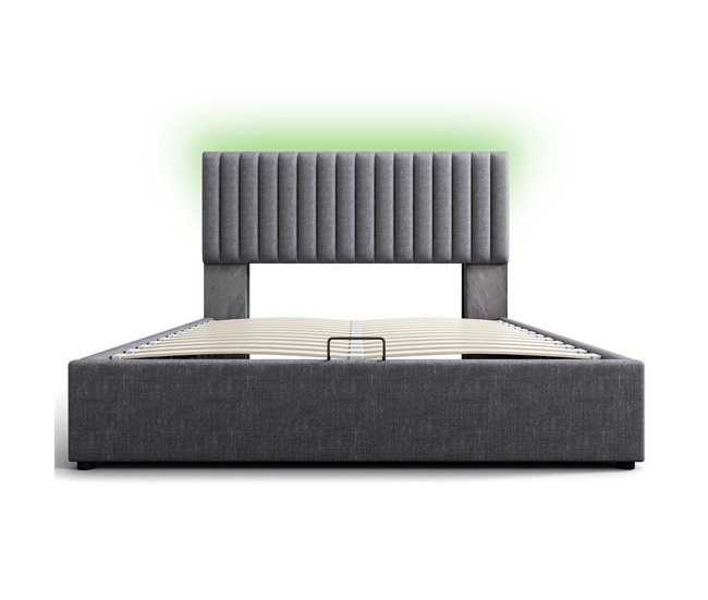 Conforama Cama con almacenaje acolchada de lino con puertos de carga y LED - 140x200 cm - 3 compartimentos en el cabecero ajustable - Gris