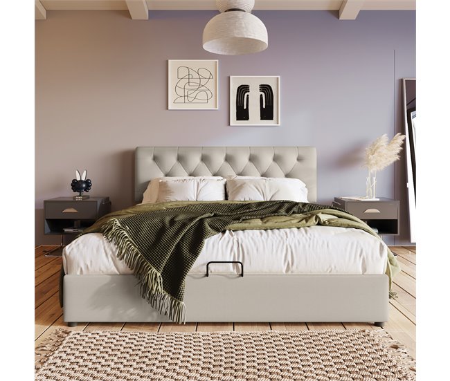 Conforama Cama Con Almacenaje Acolchada De Tela De Lino - 140x200 Cm - Con Somier De Láminas - Natural Claro