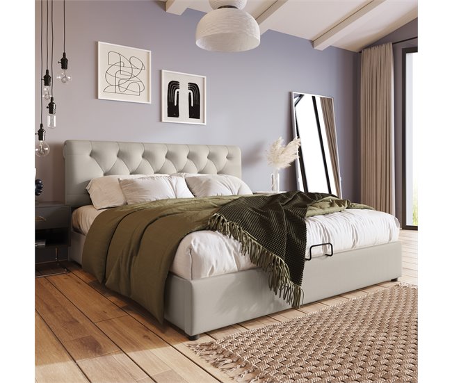 Conforama Cama Con Almacenaje Acolchada De Tela De Lino - 140x200 Cm - Con Somier De Láminas - Natural Claro
