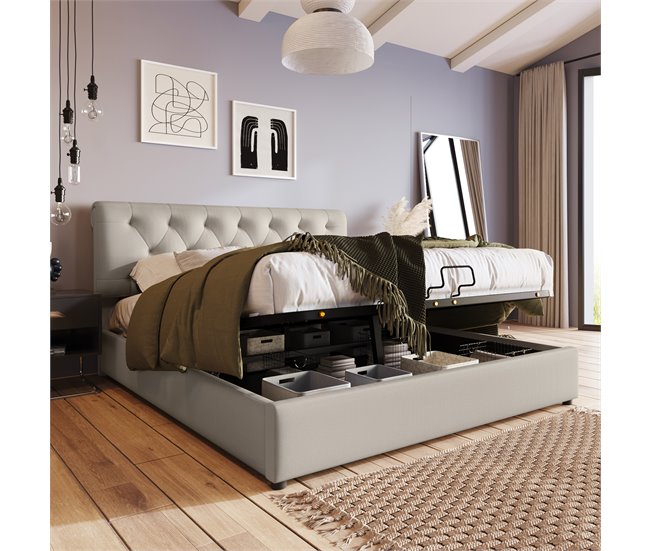 Conforama Cama Con Almacenaje Acolchada De Tela De Lino - 140x200 Cm - Con Somier De Láminas - Natural Claro