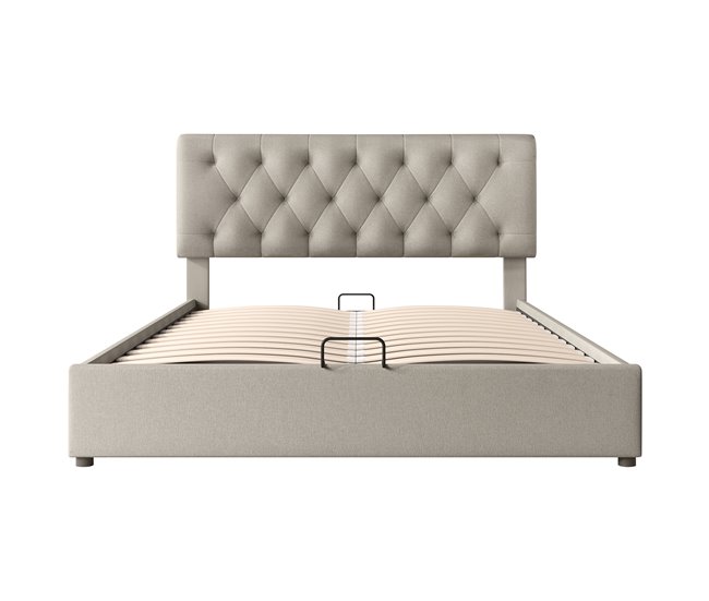 Conforama Cama con almacenaje acolchada de tela de lino - 140x200 cm - con somier de láminas - Natural claro