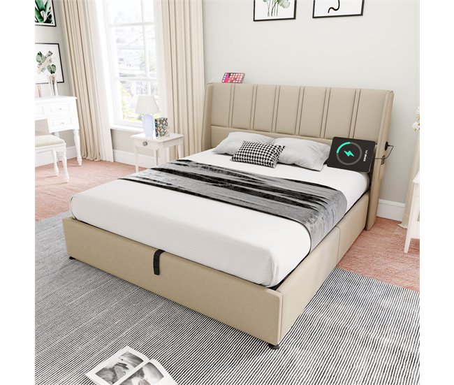 Conforama Cama Con Almacenaje De 140x200 Cm En Tela De Lino - Con Puertos De Carga Y 2 Bolsillos Laterales - Beige