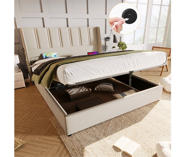 Conforama Cama Con Almacenaje De 140x200 Cm En Tela De Lino - Con Puertos De Carga Y 2 Bolsillos Laterales - Beige