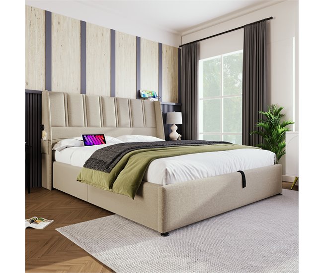 Conforama Cama Con Almacenaje De 140x200 Cm En Tela De Lino - Con Puertos De Carga Y 2 Bolsillos Laterales - Beige