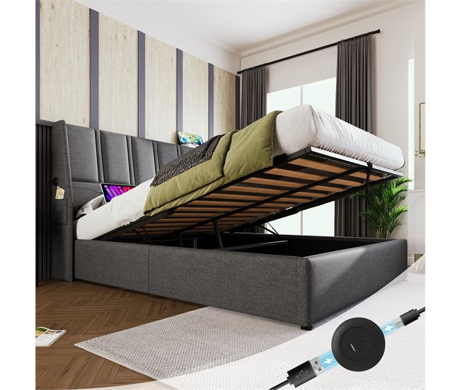 Conforama Cama Con Almacenaje De 140x200 Cm En Tela De Lino - Con Puertos De Carga Y 2 Bolsillos Laterales - Gris