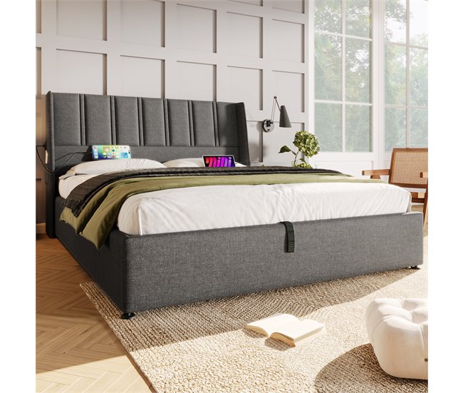 Conforama Cama Con Almacenaje De 140x200 Cm En Tela De Lino - Con Puertos De Carga Y 2 Bolsillos Laterales - Gris