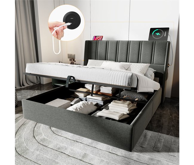 Conforama Cama Con Almacenaje De 140x200 Cm En Tela De Lino - Con Puertos De Carga Y 2 Bolsillos Laterales - Gris
