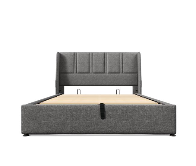 Conforama Cama con almacenaje de 140x200 cm en tela de lino - con puertos de carga y 2 bolsillos laterales - Gris