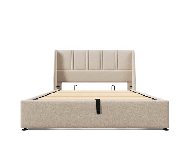 Conforama Cama con almacenaje de 140x200 cm en tela de lino - con puertos de carga y 2 bolsillos laterales - Beige