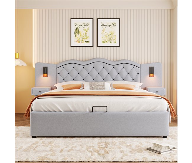 Conforama Cama Con Almacenaje De Lino 160x200 Cm - 2 Mesitas De Noche Con Almacenaje Con Toma USB Y Lámparas - Gris