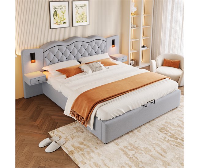Conforama Cama Con Almacenaje De Lino 160x200 Cm - 2 Mesitas De Noche Con Almacenaje Con Toma USB Y Lámparas - Gris