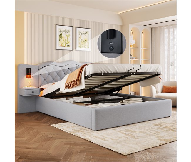 Conforama Cama Con Almacenaje De Lino 160x200 Cm - 2 Mesitas De Noche Con Almacenaje Con Toma USB Y Lámparas - Gris