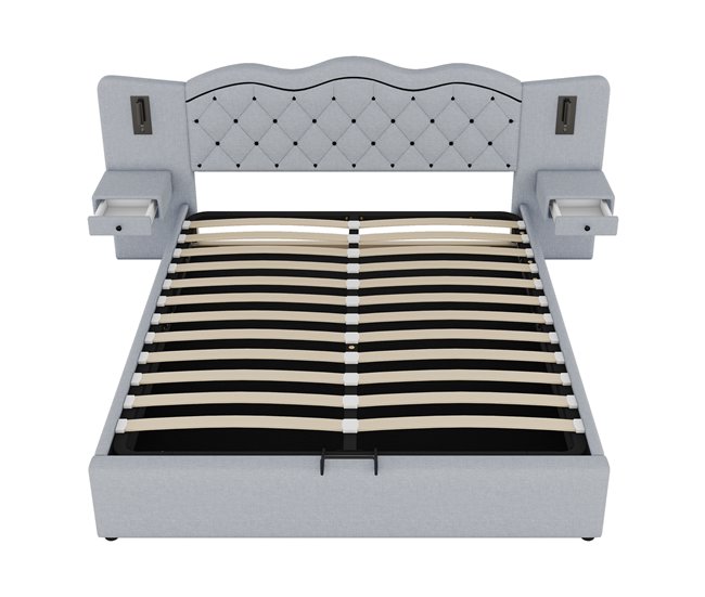 Conforama Cama con almacenaje de lino 160x200 cm - 2 mesitas de noche con almacenaje con toma USB y lámparas - Gris