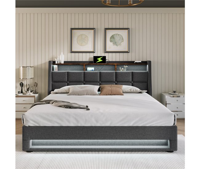 Conforama Cama Con Almacenaje De Lino 160x200cm Con LED Y Puertos USB - Somier - Gris