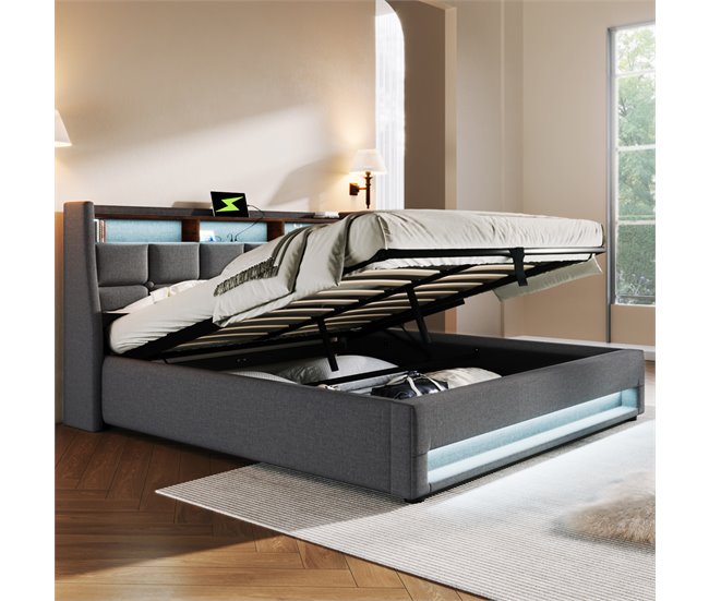Conforama Cama Con Almacenaje De Lino 160x200cm Con LED Y Puertos USB - Somier - Gris