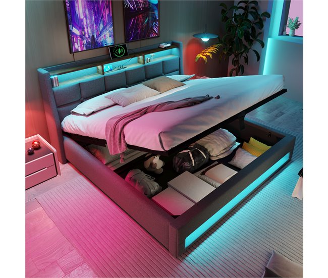 Conforama Cama Con Almacenaje De Lino 160x200cm Con LED Y Puertos USB - Somier - Gris
