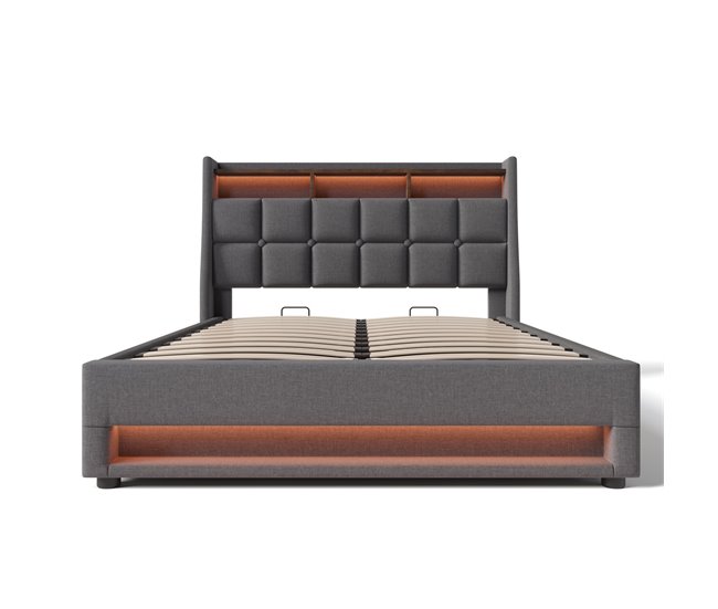 Conforama Cama con almacenaje de lino 160x200cm con LED y puertos USB - somier - gris