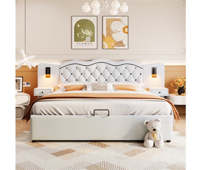 Conforama Cama Con Almacenaje De Lino 180x200 Cm - 2 Mesitas De Noche Con Almacenaje Con Toma USB Y Lámparas - Beige