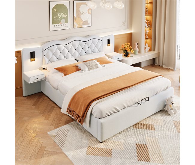 Conforama Cama Con Almacenaje De Lino 180x200 Cm - 2 Mesitas De Noche Con Almacenaje Con Toma USB Y Lámparas - Beige