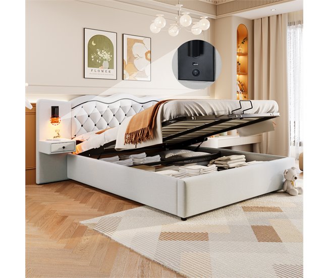 Conforama Cama Con Almacenaje De Lino 180x200 Cm - 2 Mesitas De Noche Con Almacenaje Con Toma USB Y Lámparas - Beige