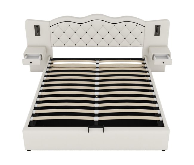 Conforama Cama con almacenaje de lino 180x200 cm - 2 mesitas de noche con almacenaje con toma USB y lámparas - Beige