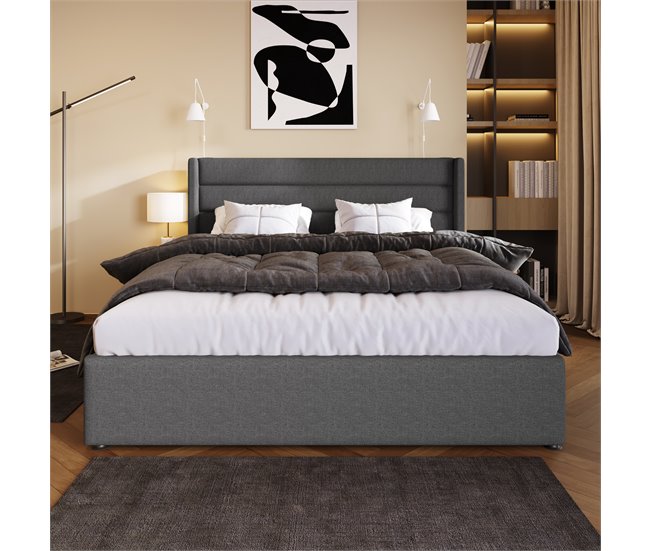 Conforama Cama Con Almacenaje De Lino Con Somier De Láminas - 140x200cm - Gris