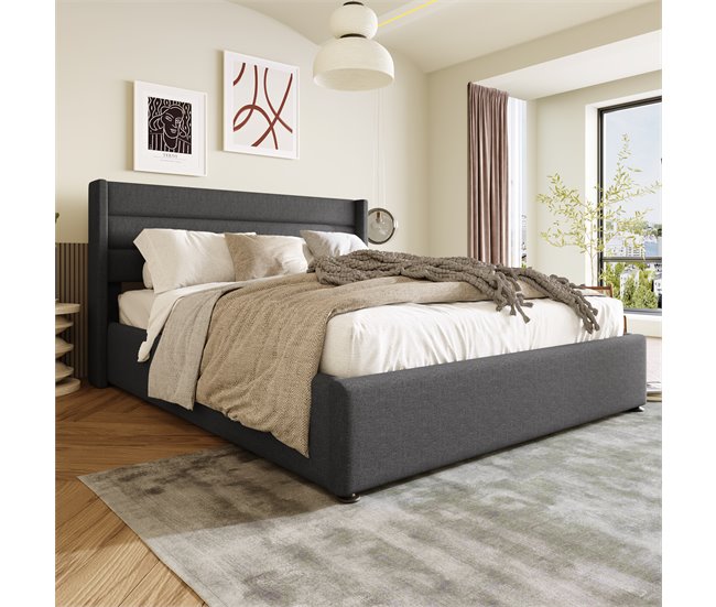 Conforama Cama Con Almacenaje De Lino Con Somier De Láminas - 140x200cm - Gris