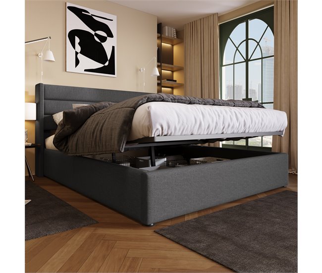 Conforama Cama Con Almacenaje De Lino Con Somier De Láminas - 140x200cm - Gris