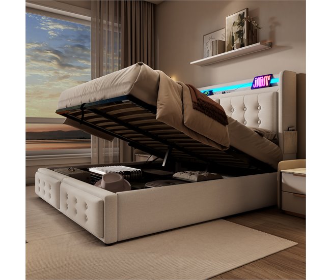 Conforama Cama Con Almacenaje De Tela De Lino De 140x200 Cm - Con LED Y Puertos De Carga - Beige