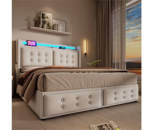 Conforama Cama Con Almacenaje De Tela De Lino De 140x200 Cm - Con LED Y Puertos De Carga - Beige