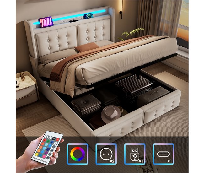 Conforama Cama Con Almacenaje De Tela De Lino De 140x200 Cm - Con LED Y Puertos De Carga - Beige