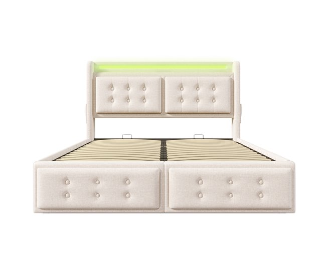 Conforama Cama con almacenaje de tela de lino de 140x200 cm - con LED y puertos de carga - Beige
