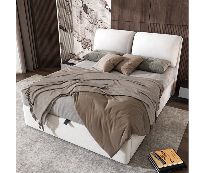 Conforama Cama Con Almacenaje De Terciopelo - 140x200 Cm - Con 3 Cajones - Blanco (sin Colchón)