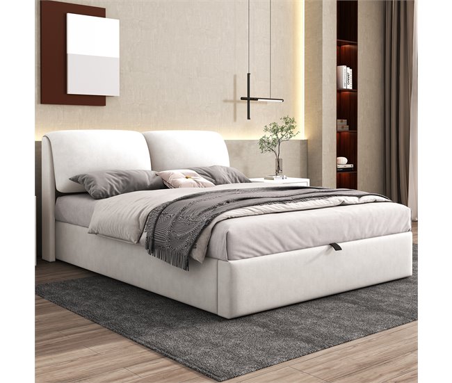 Conforama Cama Con Almacenaje De Terciopelo - 140x200 Cm - Con 3 Cajones - Blanco (sin Colchón)
